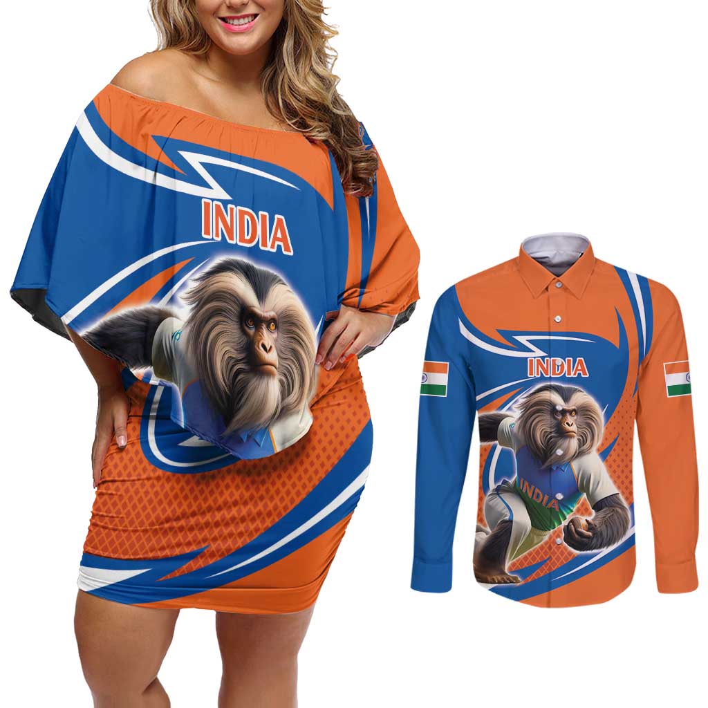 Indian Nilgiri Langur Cricket Custom Couples Matching Off Shoulder Short Dress and Long Sleeve Button Shirt Unique Pattern