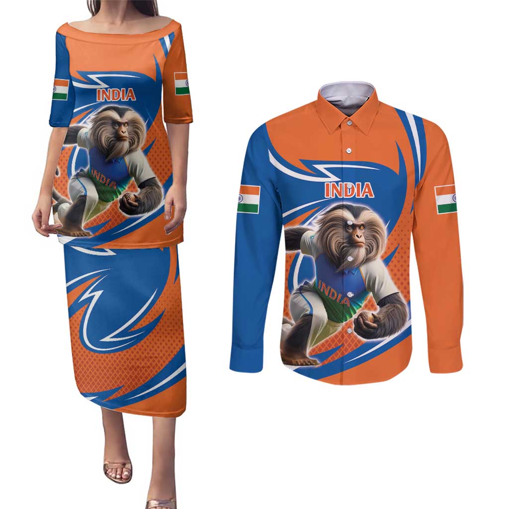 Indian Nilgiri Langur Cricket Custom Couples Matching Puletasi and Long Sleeve Button Shirt Unique Pattern