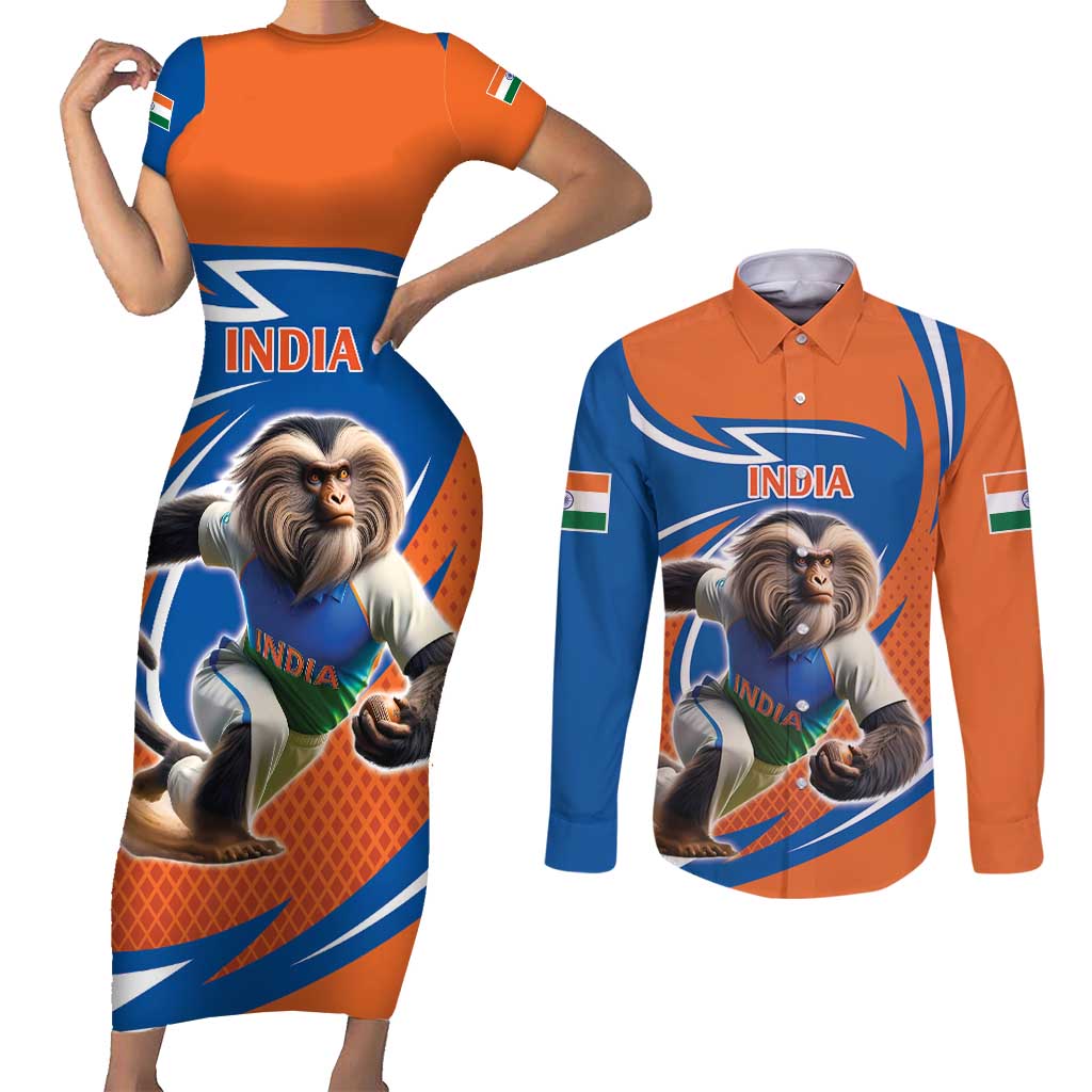 Indian Nilgiri Langur Cricket Custom Couples Matching Short Sleeve Bodycon Dress and Long Sleeve Button Shirt Unique Pattern