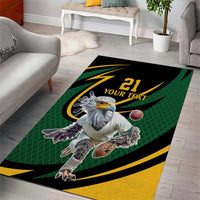 Green, yellow, and black secretary bird area rug with '21 YOUR TEXT' text
