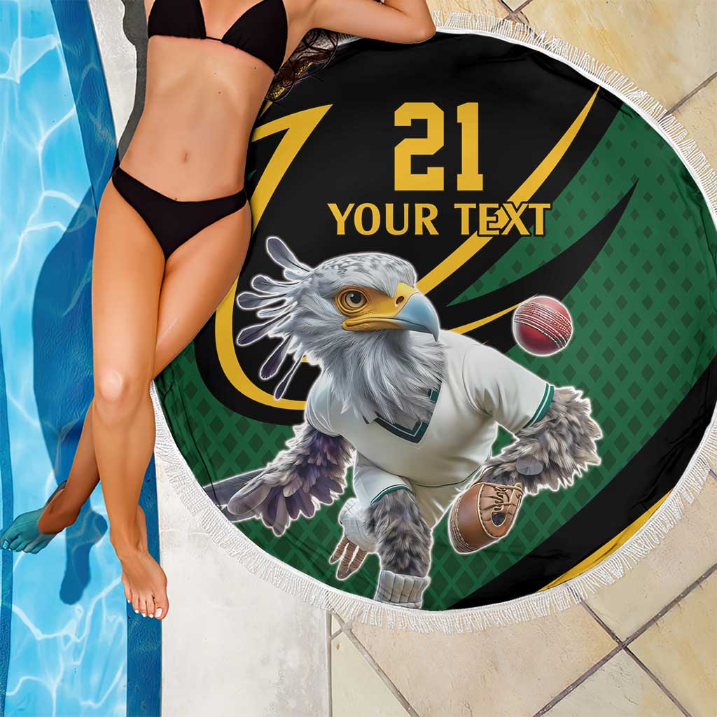 Round green cricket beach blanket featuring a secretary bird, fringed edge, '21 YOUR TEXT'