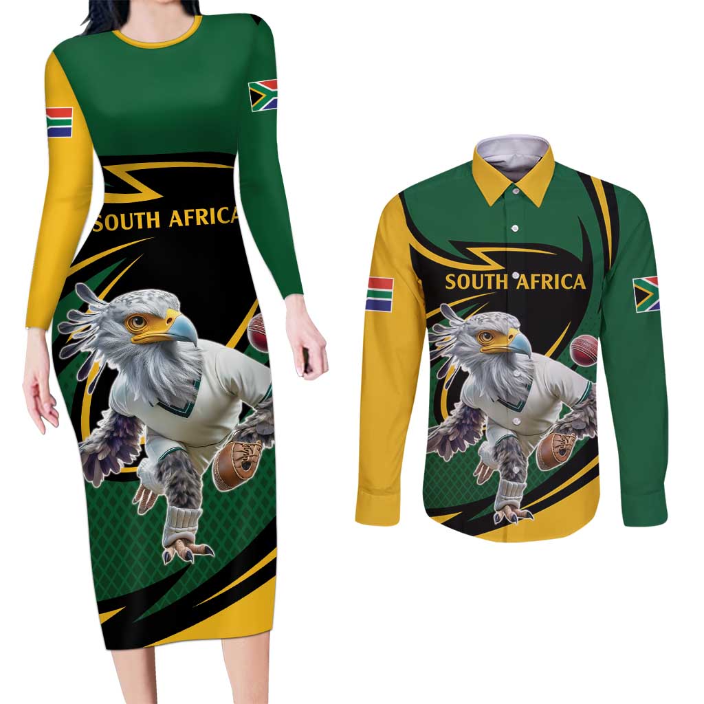 South African Secretary Bird Cricket Custom Couples Matching Long Sleeve Bodycon Dress and Long Sleeve Button Shirt Unique Pattern