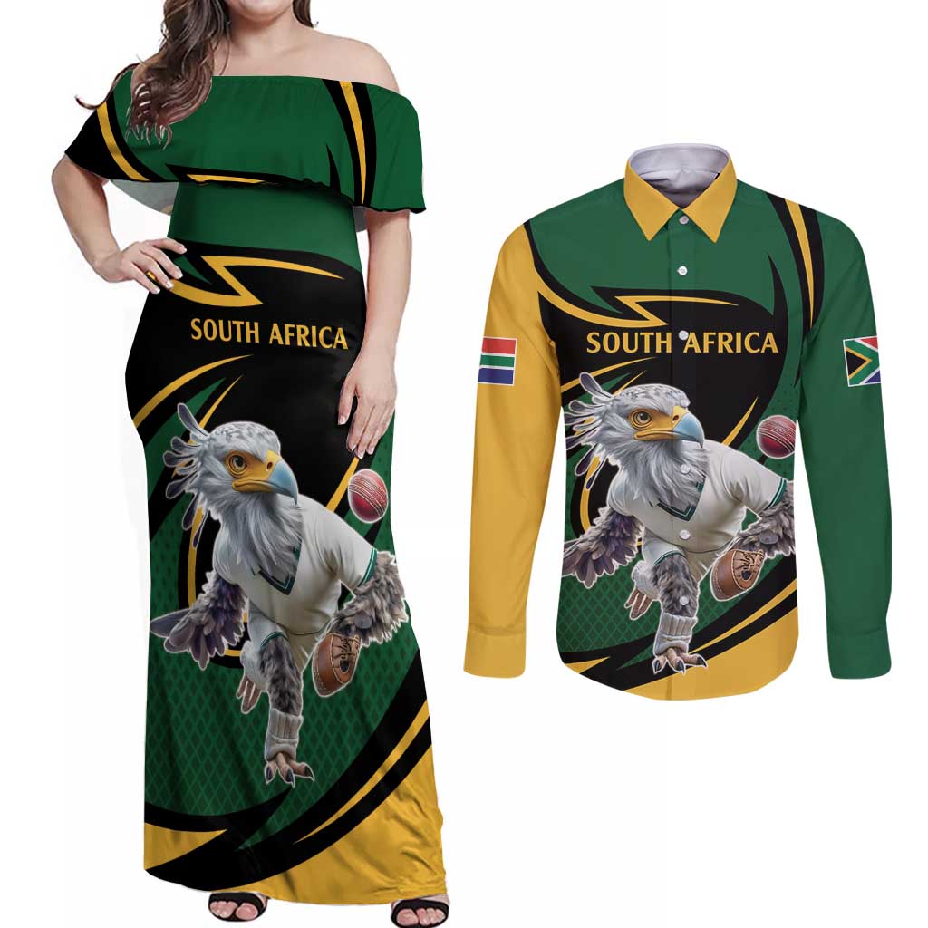 South African Secretary Bird Cricket Custom Couples Matching Off Shoulder Maxi Dress and Long Sleeve Button Shirt Unique Pattern