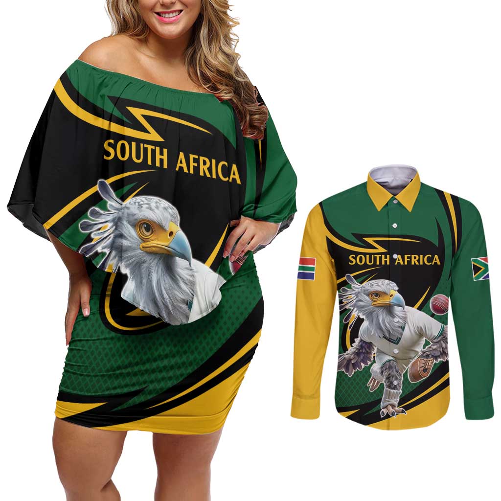 South African Secretary Bird Cricket Custom Couples Matching Off Shoulder Short Dress and Long Sleeve Button Shirt Unique Pattern