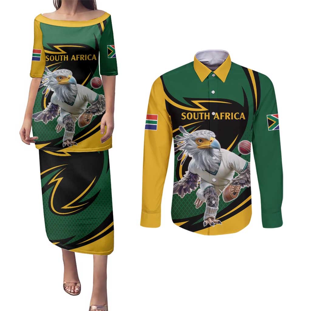 South African Secretary Bird Cricket Custom Couples Matching Puletasi and Long Sleeve Button Shirt Unique Pattern