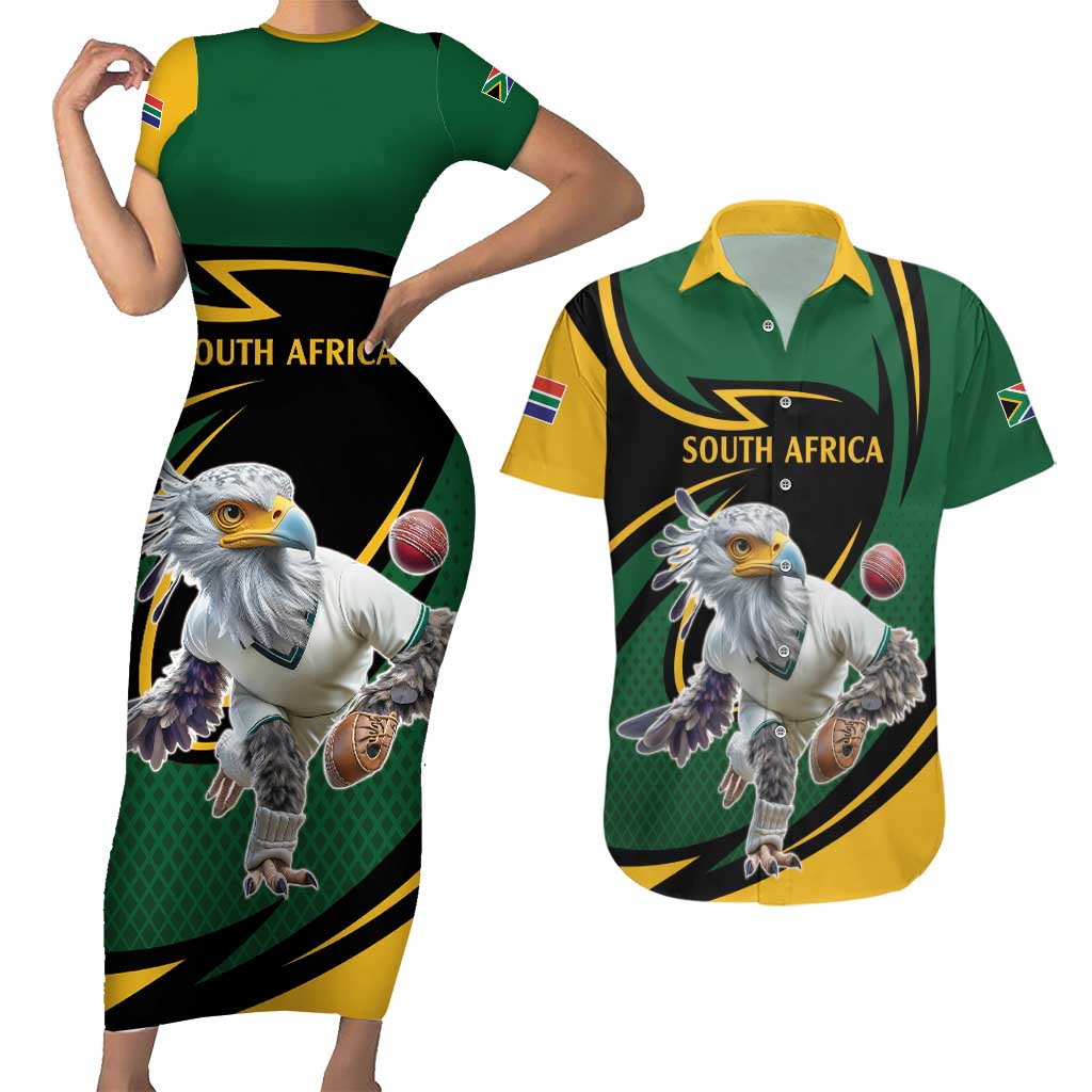 South African Secretary Bird Cricket Custom Couples Matching Short Sleeve Bodycon Dress and Hawaiian Shirt Unique Pattern