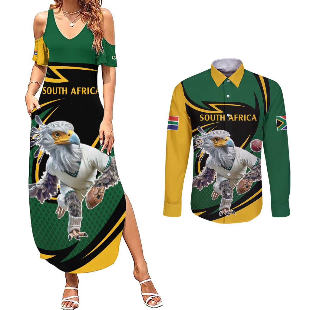 South African Secretary Bird Cricket Custom Couples Matching Summer Maxi Dress and Long Sleeve Button Shirt Unique Pattern