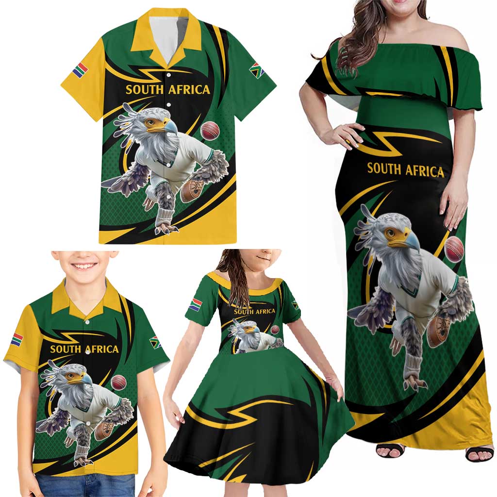 South African Secretary Bird Cricket Custom Family Matching Off Shoulder Maxi Dress and Hawaiian Shirt Unique Pattern