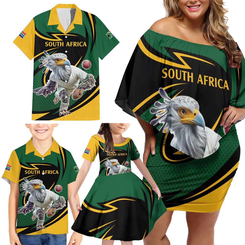 South African Secretary Bird Cricket Custom Family Matching Off Shoulder Short Dress and Hawaiian Shirt Unique Pattern