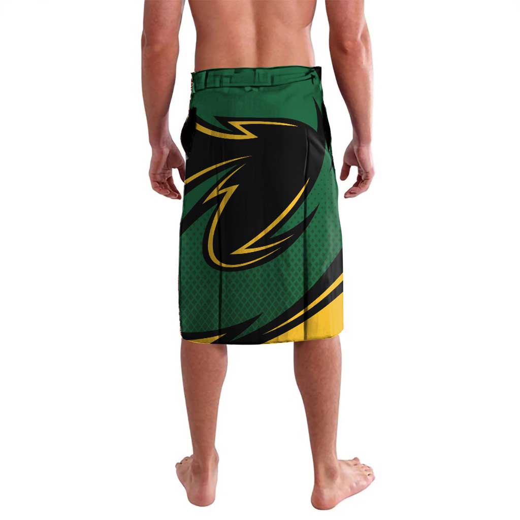 Green cricket lavalava with bird graphic and yellow trim panel
