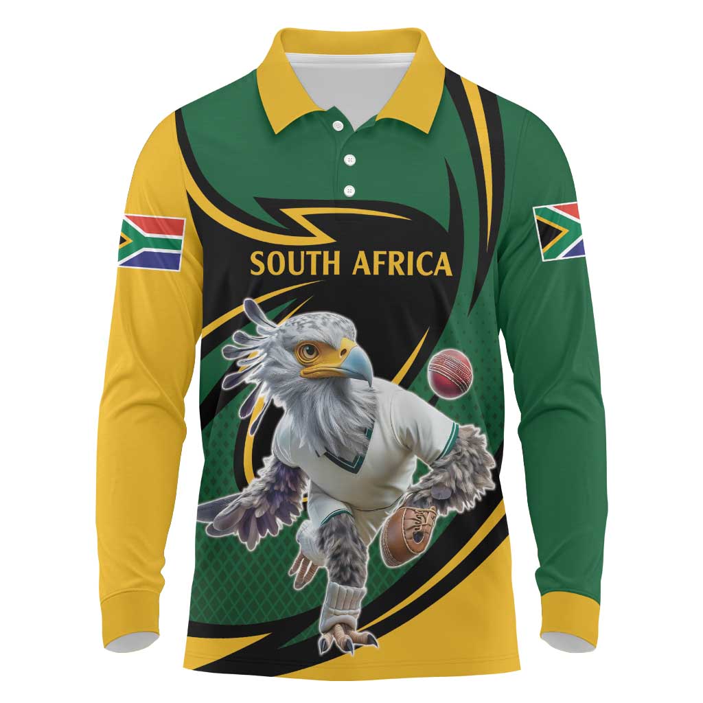 South African Secretary Bird Cricket Custom Long Sleeve Polo Shirt Unique Pattern