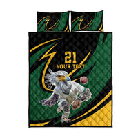 Green quilt bed set with two pillows and bird cricket graphic, 'YOUR TEXT' on quilt