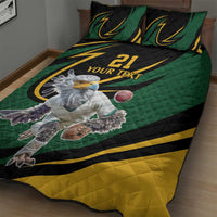 Green quilt bed set with bird cricket graphic, black/yellow wave, 'YOUR TEXT' print