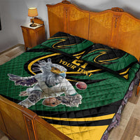 Green quilt bed set on bed with bird cricket figure, black and yellow curve, 'YOUR TEXT'