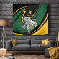 Green, black and yellow cricket tapestry with secretary bird holding a ball and text area