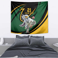 Green, black and yellow cricket tapestry with secretary bird and bold 'YOUR TEXT' header