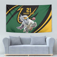 Green, black and yellow cricket tapestry with secretary bird and '21 YOUR TEXT' centered