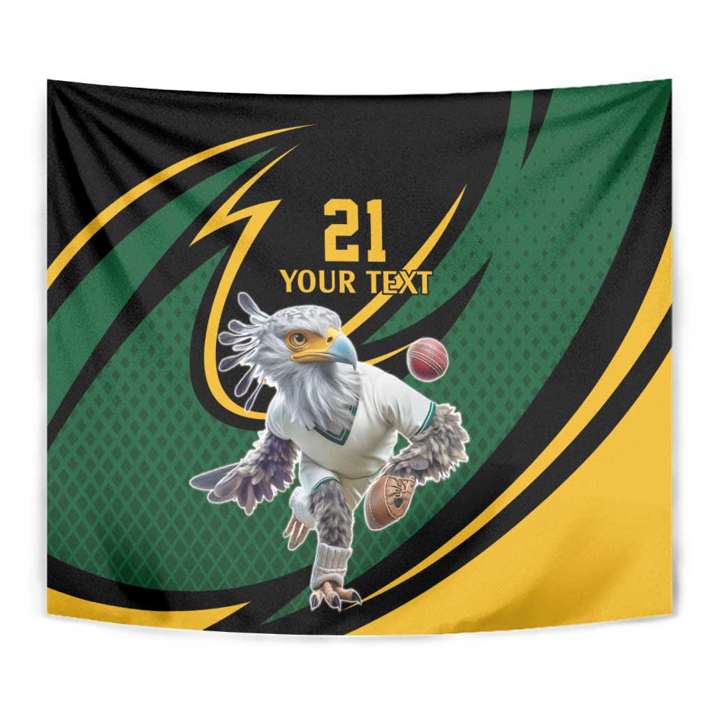 Green, black and yellow cricket tapestry close-up of secretary bird with ball and '21'