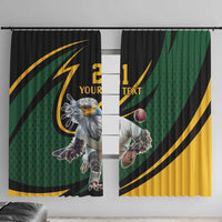 Window curtain pair with green and black secretary bird cricket design and gold stripe accents