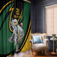 Hanging window curtain panel in green and black with secretary bird cricket pattern