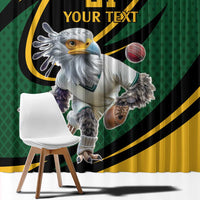 Close view window curtain fabric with secretary bird cricket graphic, green and black stripes