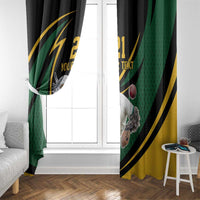 Window curtain panel with green and yellow lower section and black secretary bird cricket print