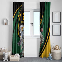 Hanging window curtain pair in green and black with secretary bird cricket and gold arc stripes