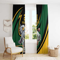 Window curtain panel set with secretary bird cricket motif in green, black, and yellow