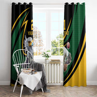 Hanging window curtain panels with green, black, and yellow secretary bird cricket artwork