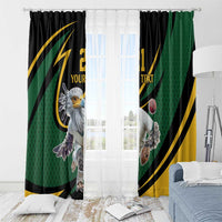 Window curtain pair with green and black secretary bird cricket print and gold stripe curves