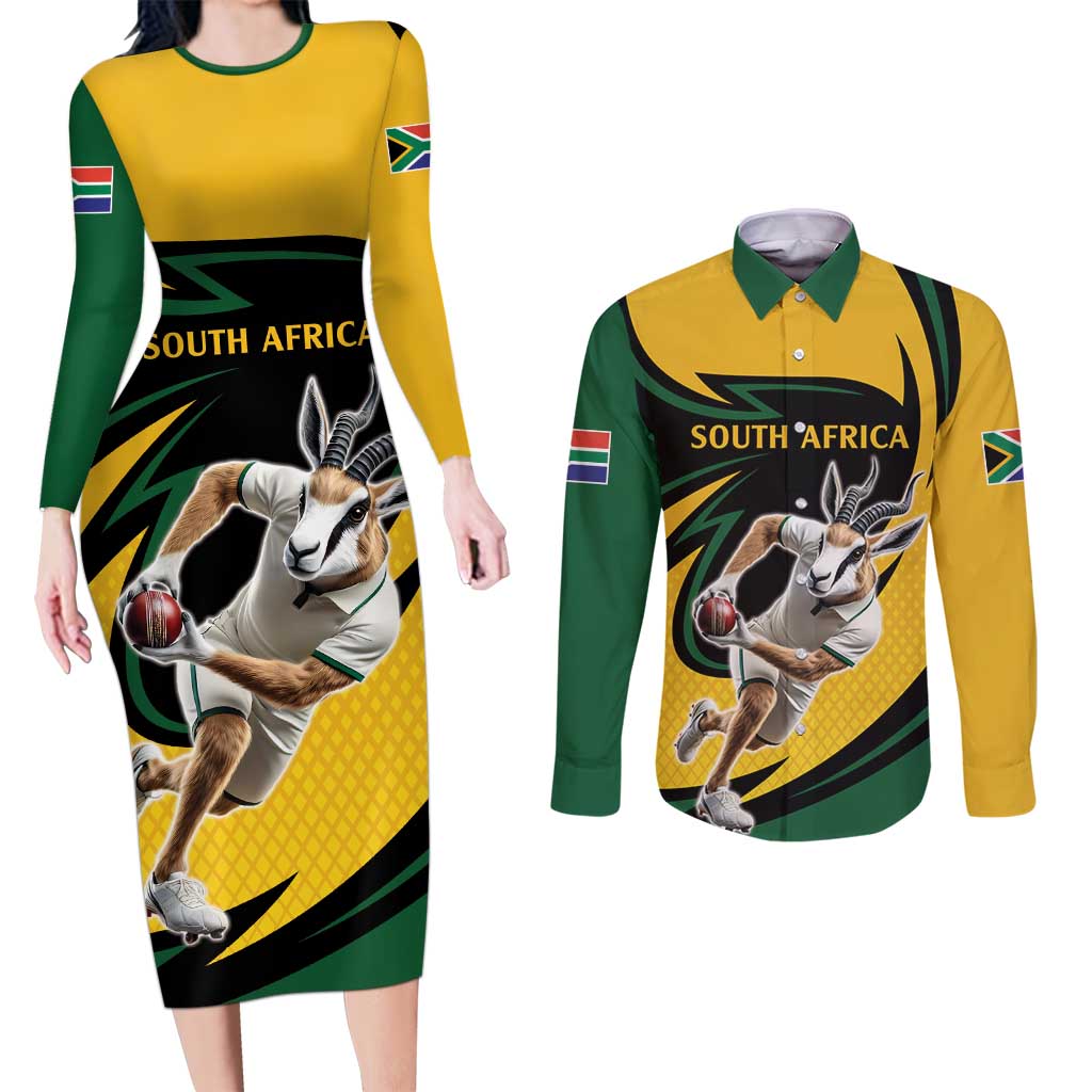 South African Springbok Cricket Custom Couples Matching Long Sleeve Bodycon Dress and Long Sleeve Button Shirt Unique Pattern