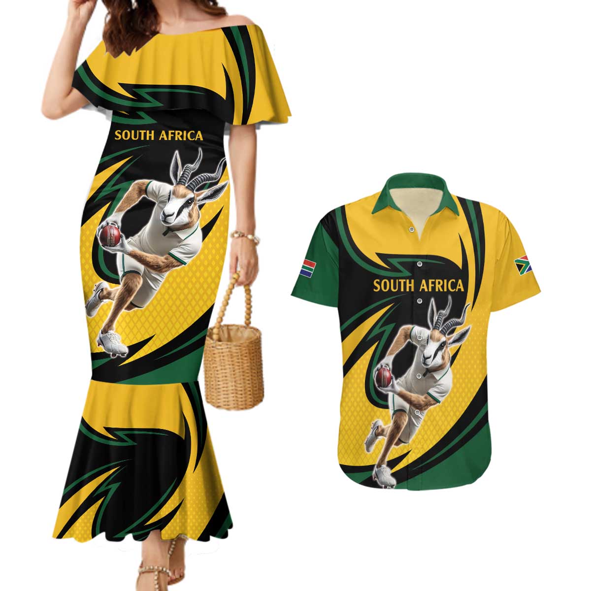 South African Springbok Cricket Custom Couples Matching Mermaid Dress and Hawaiian Shirt Unique Pattern