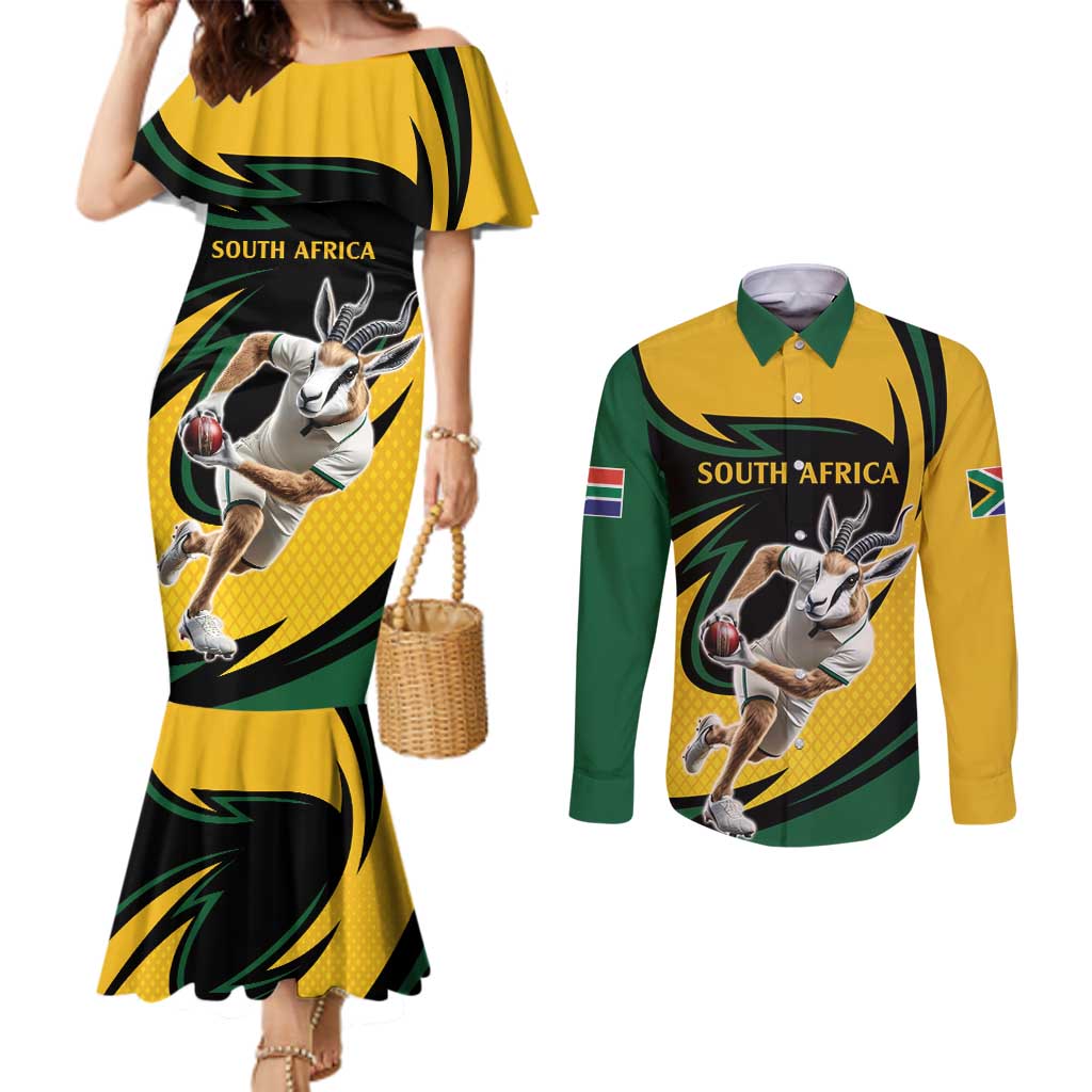 South African Springbok Cricket Custom Couples Matching Mermaid Dress and Long Sleeve Button Shirt Unique Pattern