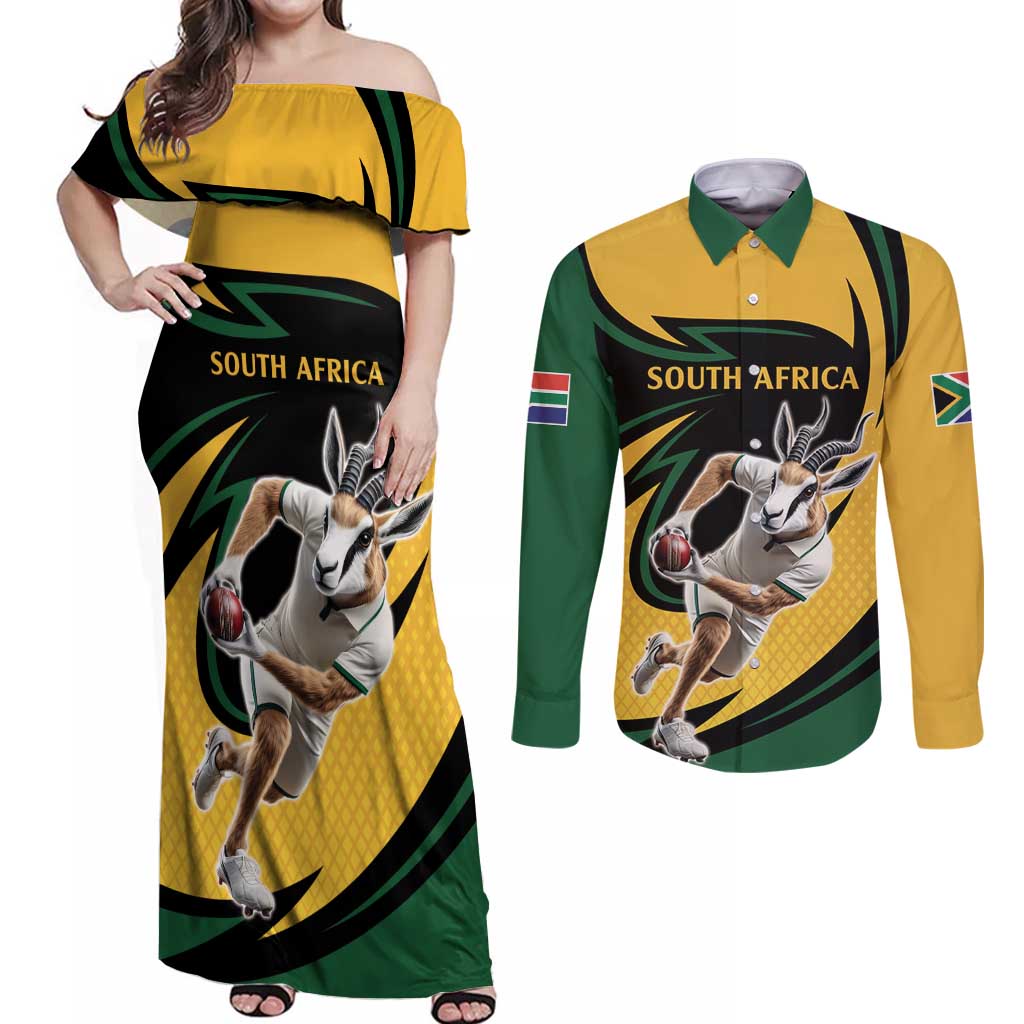 South African Springbok Cricket Custom Couples Matching Off Shoulder Maxi Dress and Long Sleeve Button Shirt Unique Pattern