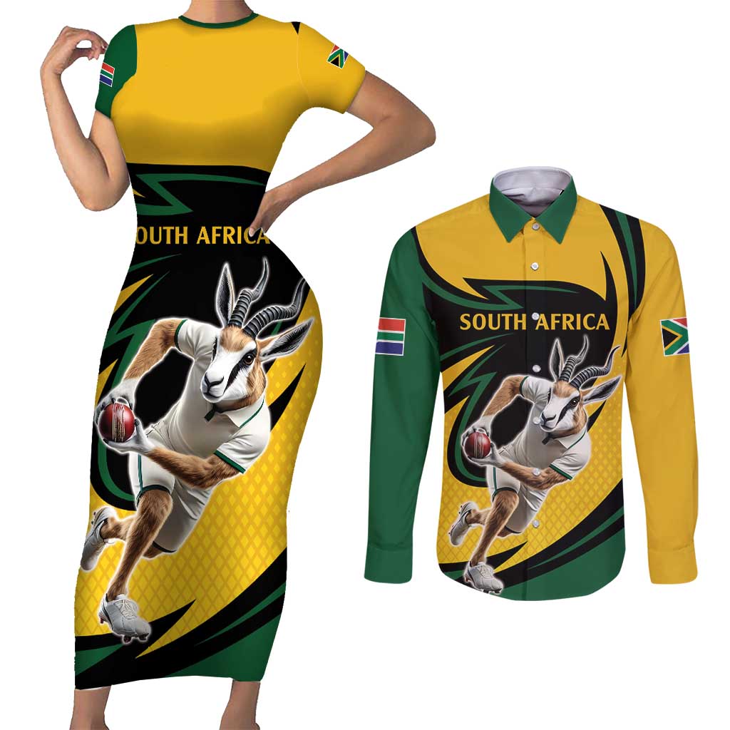 South African Springbok Cricket Custom Couples Matching Short Sleeve Bodycon Dress and Long Sleeve Button Shirt Unique Pattern