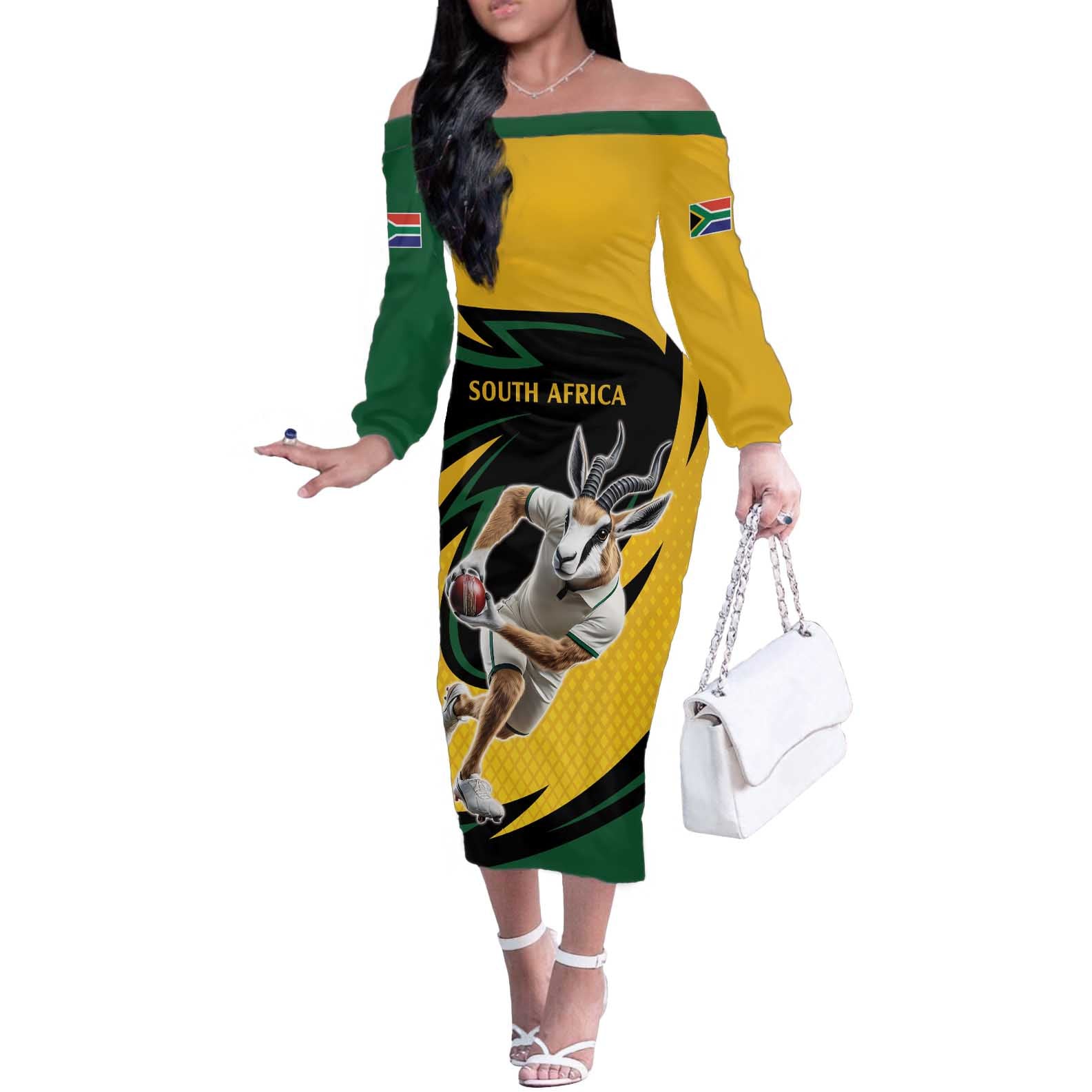 South African Springbok Cricket Custom Off The Shoulder Long Sleeve Dress Unique Pattern