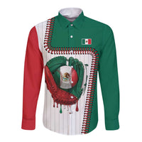Custom Dripping Baseball Mexico Long Sleeve Button Shirt