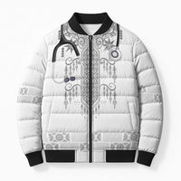 Proud Black Nurse RN Bomber Puffer Jacket White African Pattern Stethoscope Dashiki Motif