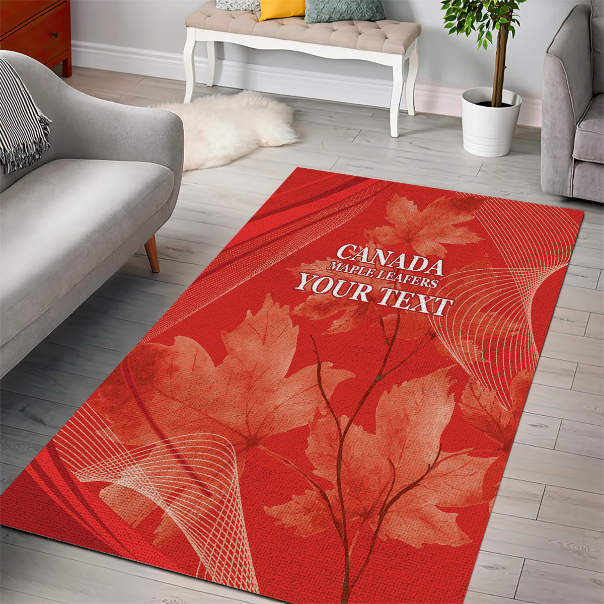 Red area rug featuring Canada Mapleleafers text and maple leaves with fan-like lines