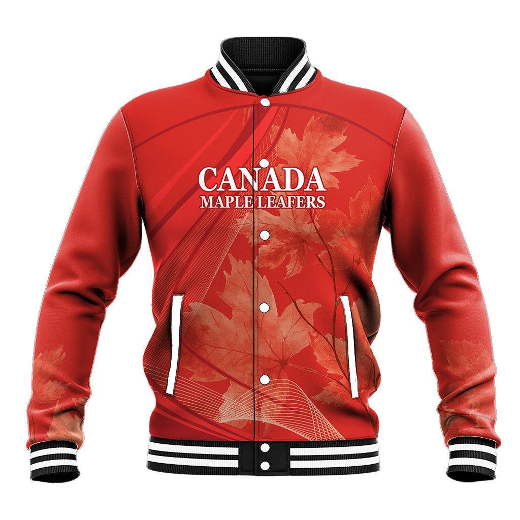 Red varsity baseball jacket with black striped collar; CANADA Maple Leafers front print