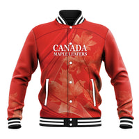 Red varsity baseball jacket with black striped collar; CANADA Maple Leafers front print