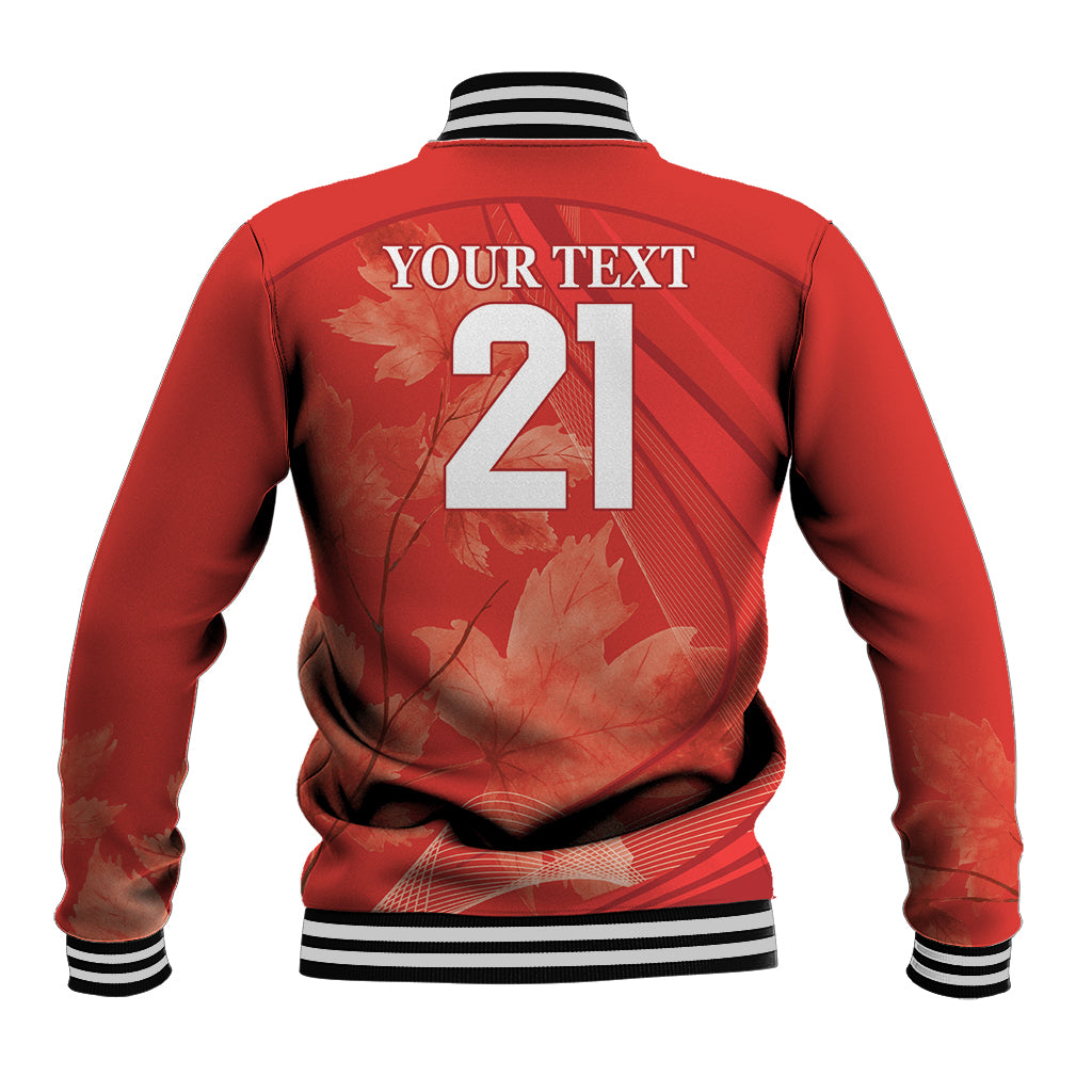 Red varsity baseball jacket back with number 21 and 'YOUR TEXT' print, striped cuffs