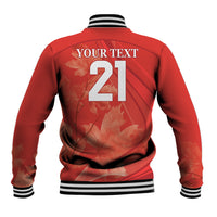 Red varsity baseball jacket back with number 21 and 'YOUR TEXT' print, striped cuffs