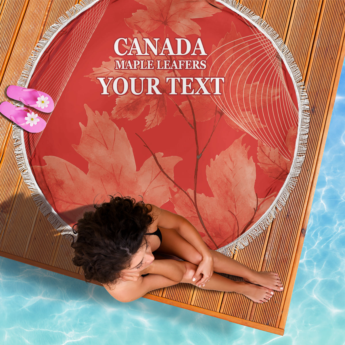 Red round beach blanket with white fringe, Canada Maple Leafers and Your Text lettering