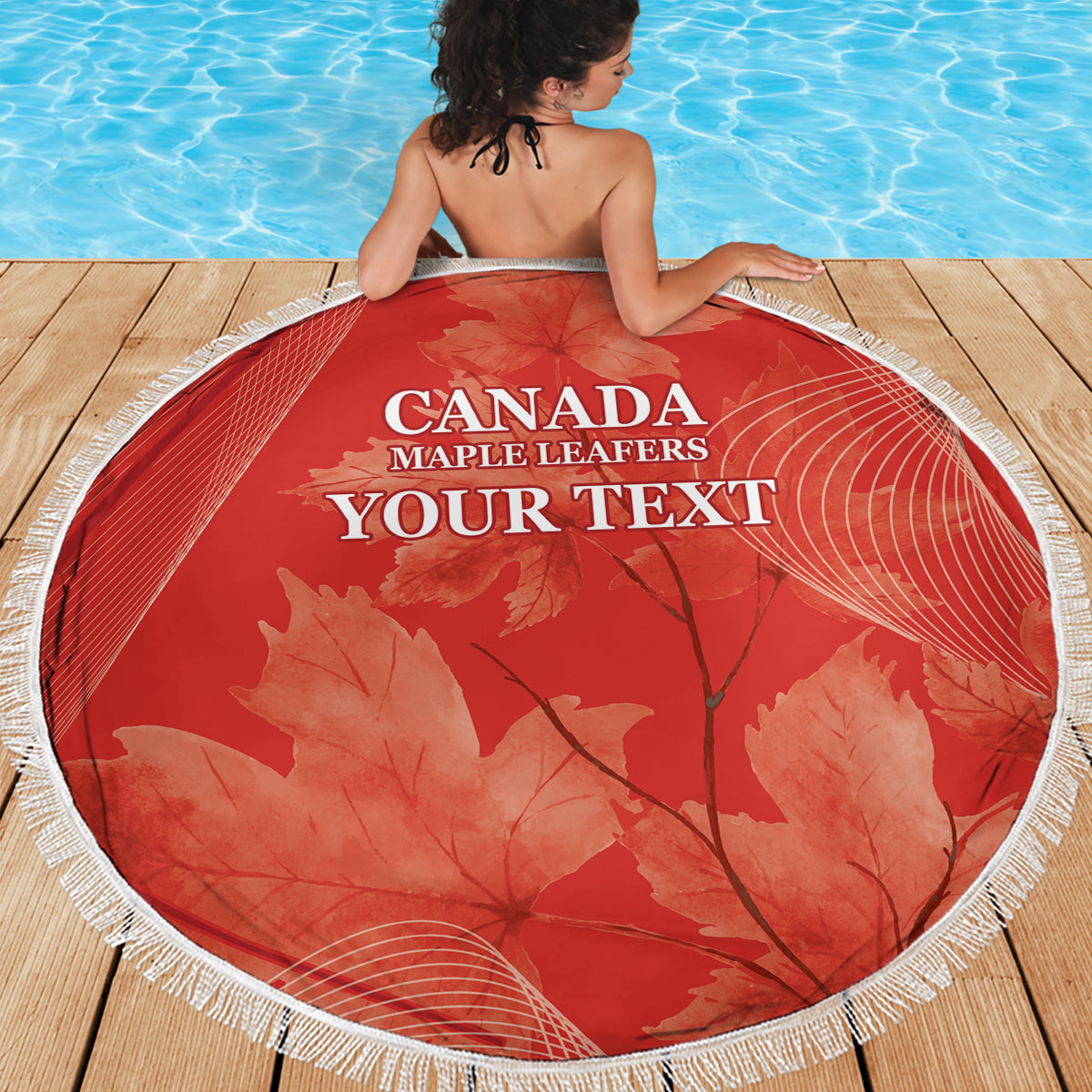 Red round beach blanket with white fringe, Canada Maple Leafers and Your Text print