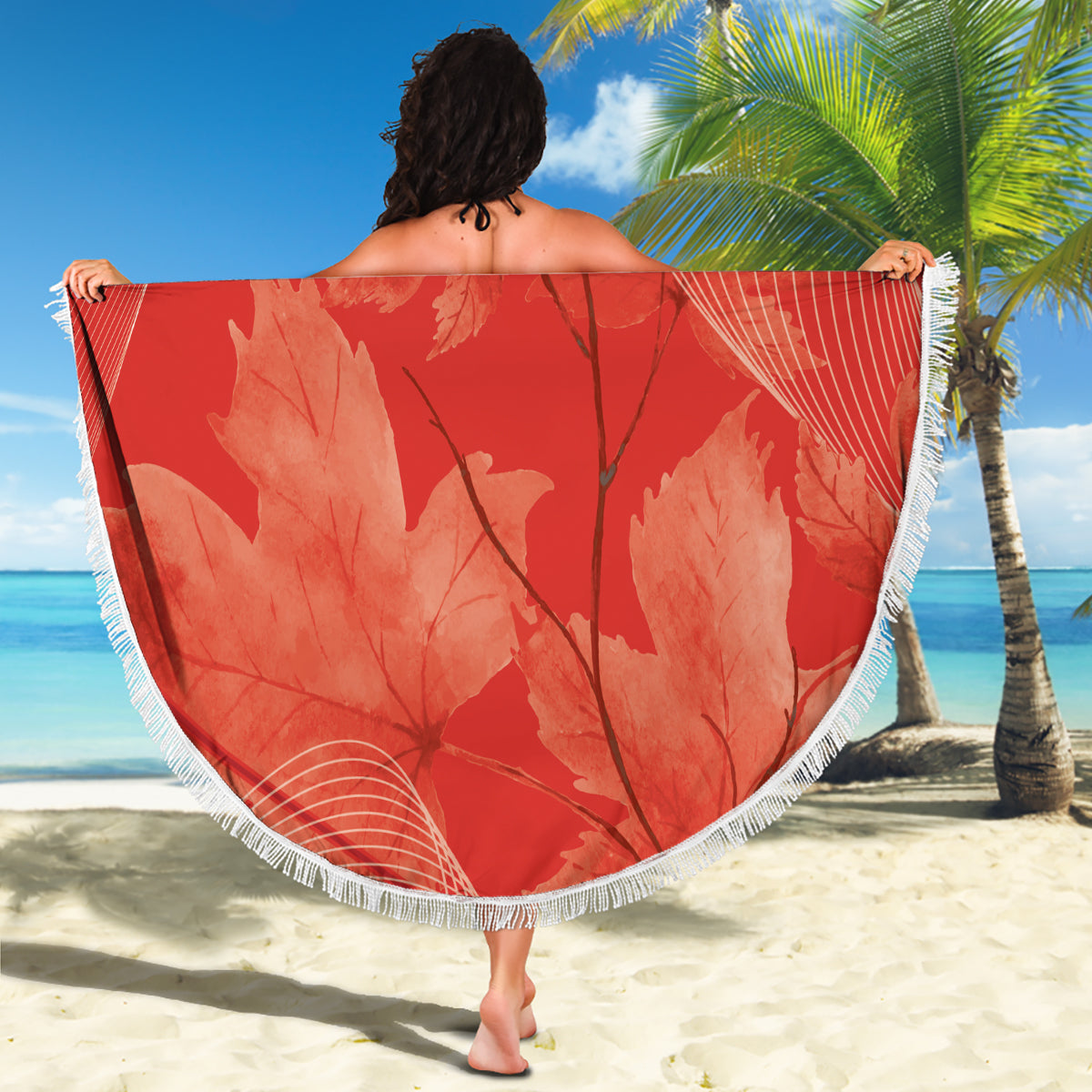 Red round beach blanket with white fringe, Canada Maple Leafers maple leaves and Your Text