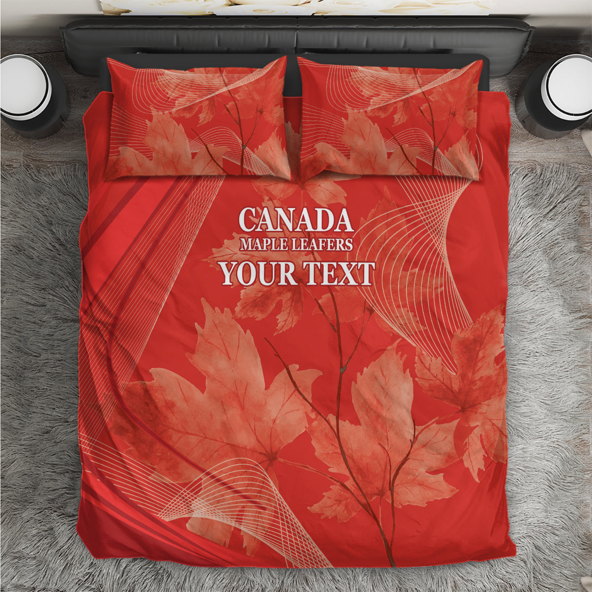 Red duvet cover set with two pillow shams, maple leaf pattern and Canada text