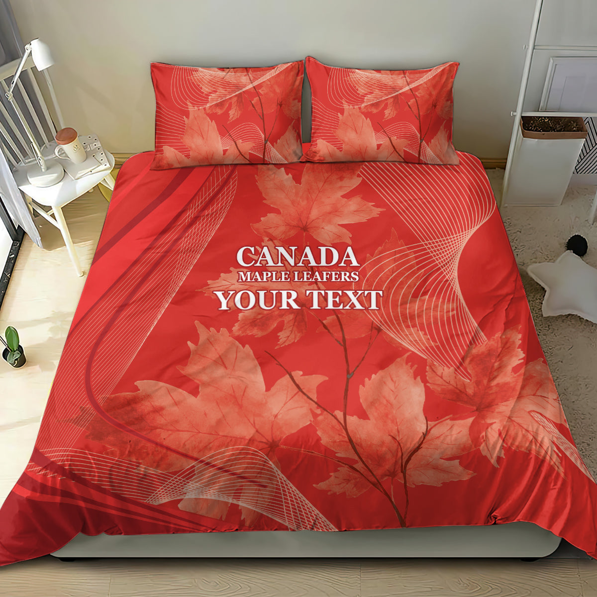 Red duvet cover set with two pillow shams, maple leaf design and Canada wording