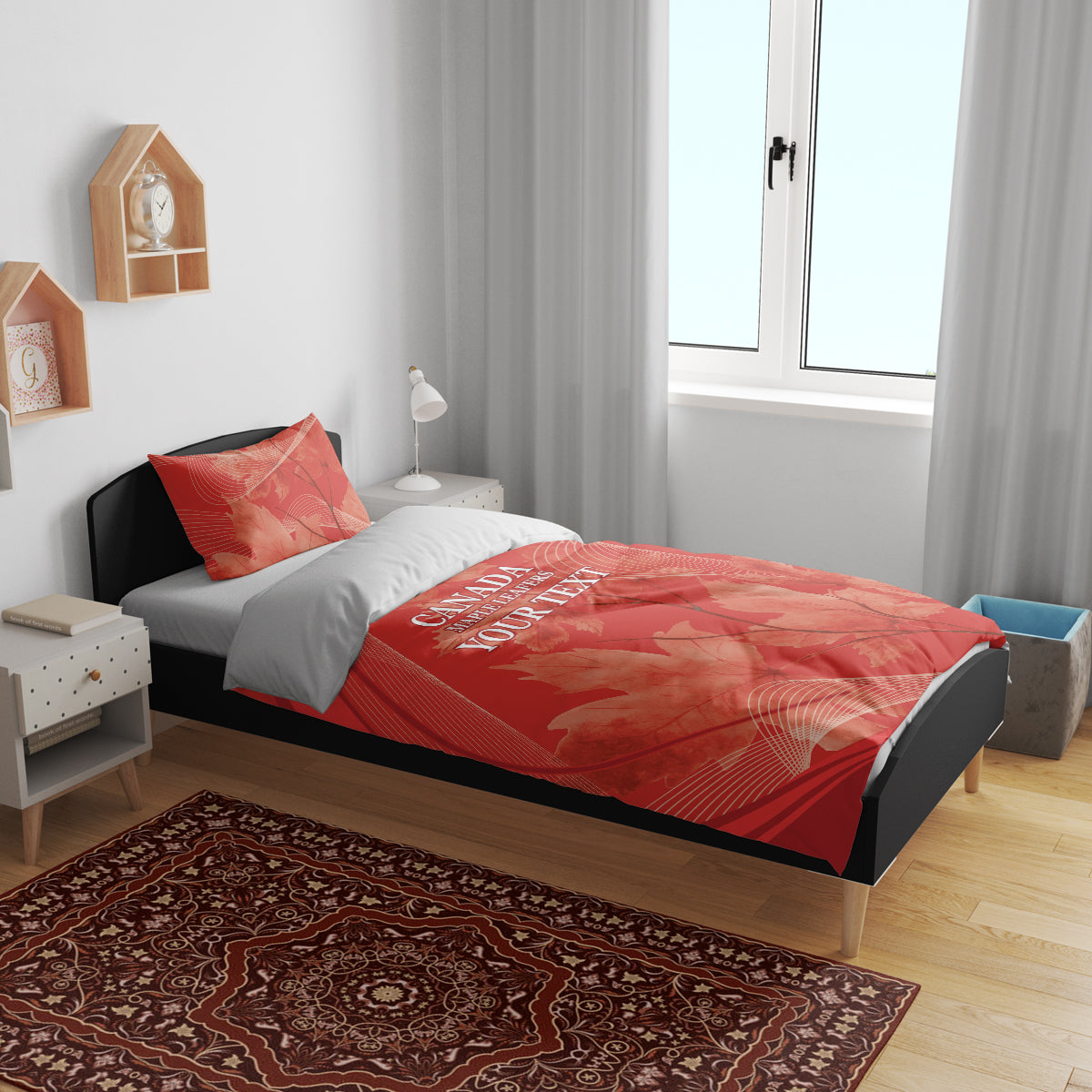 Red duvet cover and pillow shams on bed, maple leaf graphics with custom text