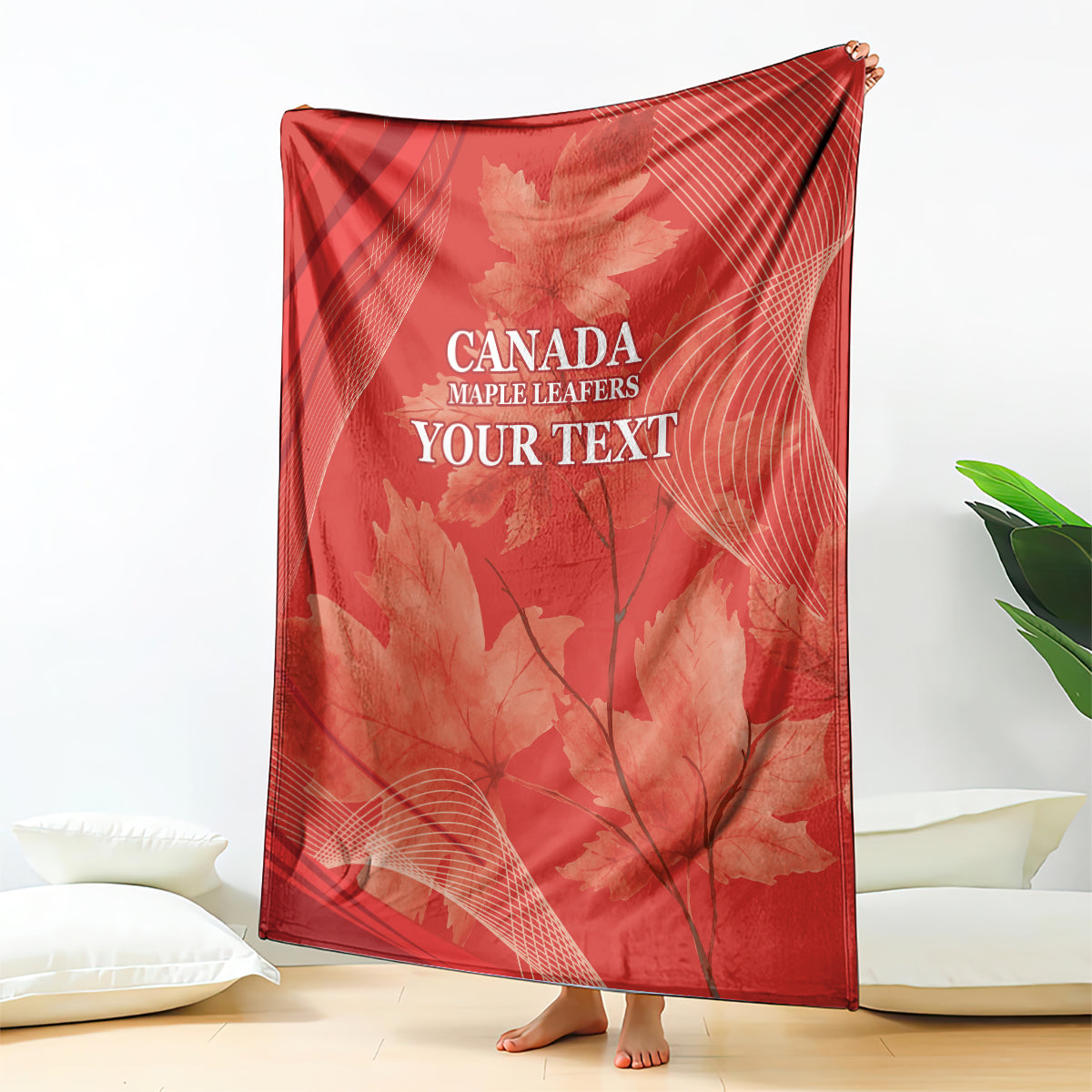 Red Canada Maple Leafs throw blanket with maple leaf design and 'YOUR TEXT' front